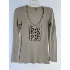 Burberry London Sweater Womens Small Taupe Merino Wool Ruffle Button Long Sleeve